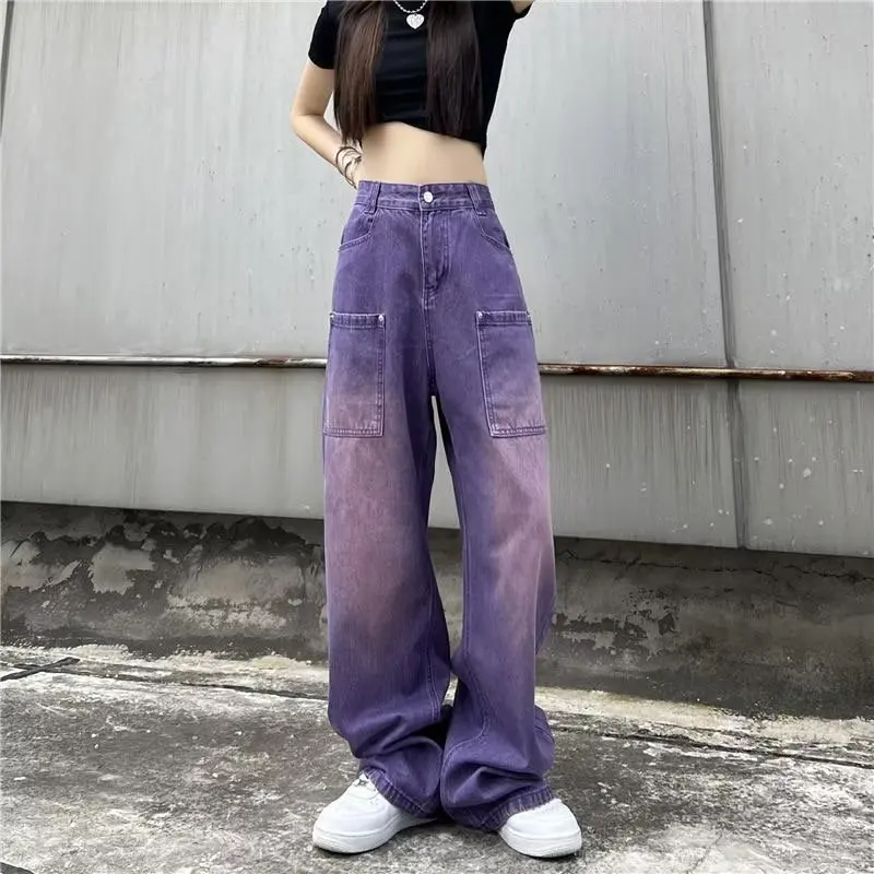 

Purple Baggy Jeans High Waist Gradient Color Washed Y2k Cargo Pants Women Boyfriend Style Mopping Straight Denim Trousers y2k