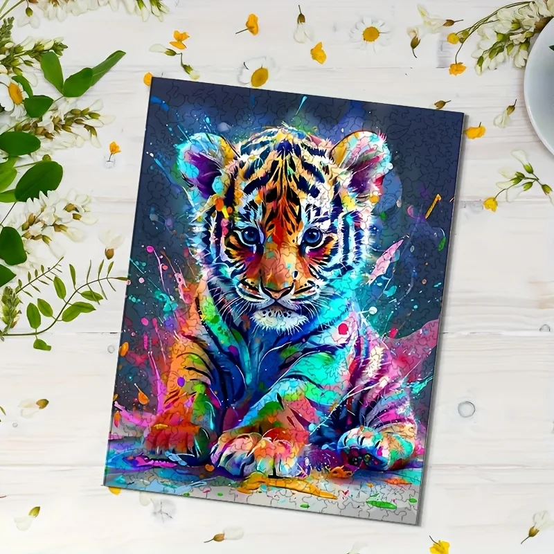 مسطح ثنائي الأبعاد، مجموعة واحدة، ألغاز تحدي خشبية مكونة من 500 قطعة، نمر ملون، مناسب للبالغين والمراهقين فوق 14 عامًا، تعزيز L