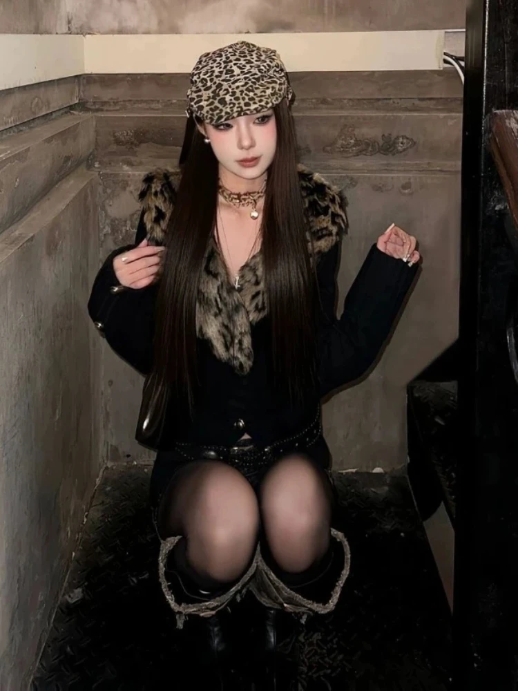 

Американский леопардовый принт с лацканами и воротником в стиле пэчворк, винтажный уличный готический темный академический одяг, новинка весны 2024, женское пальто