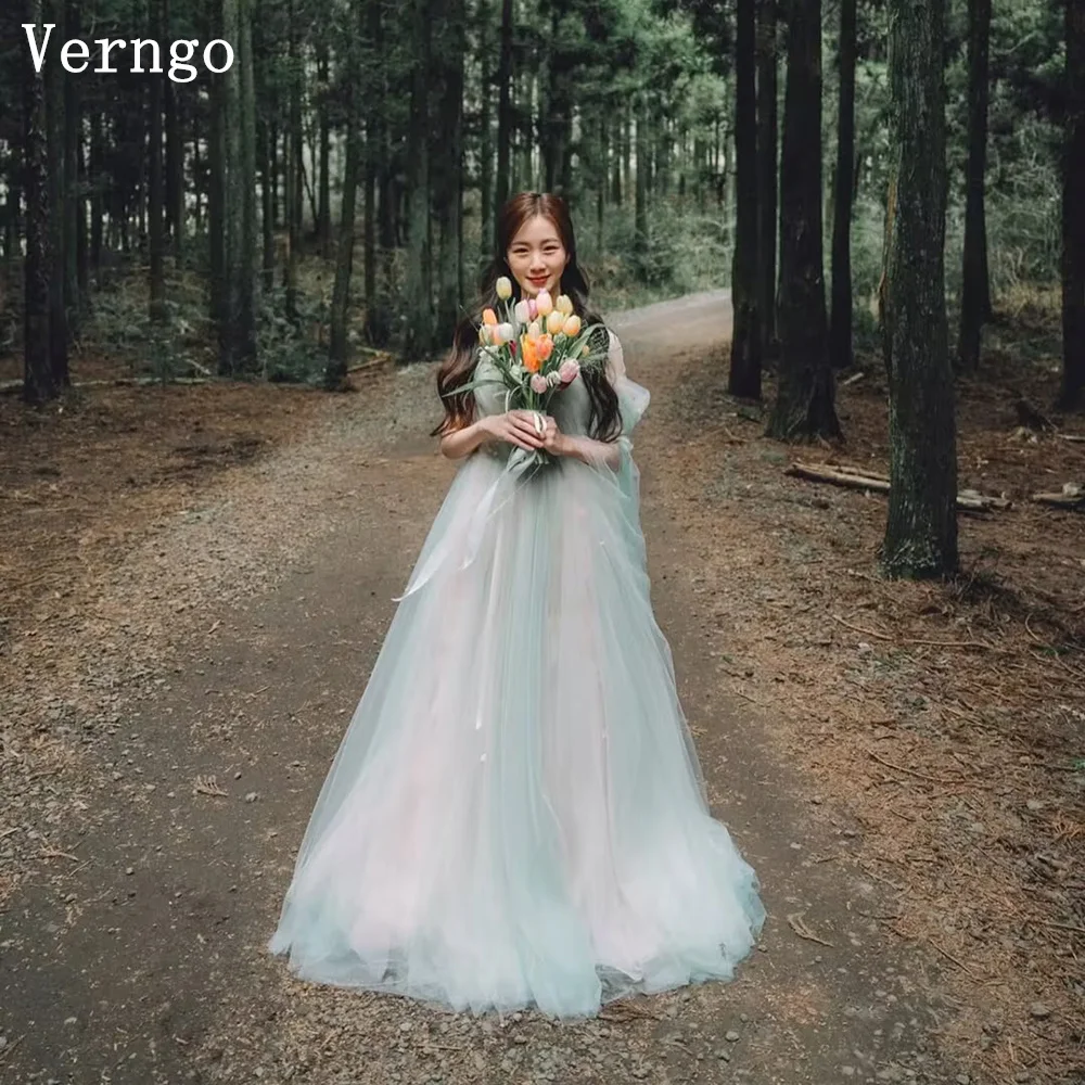 Suknia ślubna Verngo z zielonego tiulu, z odkrytymi ramionami, fason A, długa suknia ślubna, elegancka koreańska suknia na studniówkę, suknie dla panny młodej szyte na miarę.