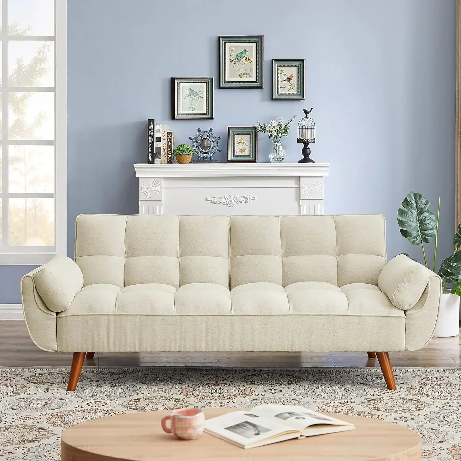 

Convertible Futon Sofa Bed,Linen Sleeper Couch, 75" W Modern 3 Seater Tufted Sofa with Adjustable Backrests and Soild Wood Legs