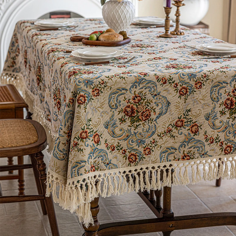 Retro Jacquard Dining Table Cloth High-end Elegant Coffee Table Cover Home Decoration Dining Room Table Cover Tassel Mat