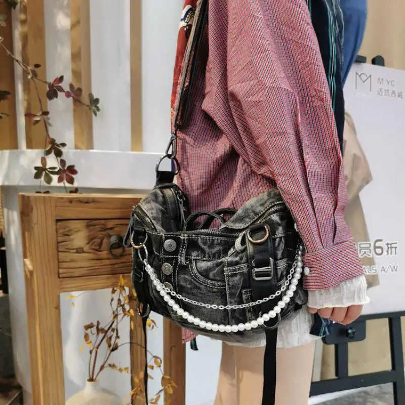 

American Retro Motorcycle Style Denim Large Capacity Handbag With Pearl Chain Made Of Old Leather Stitching Shoulder Bag Women