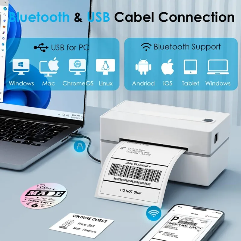 

4x6 Bluetooth Thermal Shipping Label Printer Portable Thermal Address Label Printer Compatible with iPhone Android Windows Mac