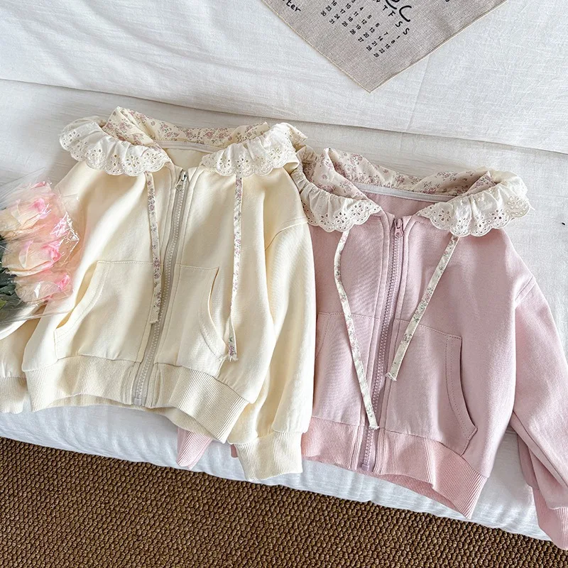 Girls' Korean Version Jacket New Children's Spring and Autumn Countryside Cute Versatile Hooded Lace Edge Knitted Sweatshirt