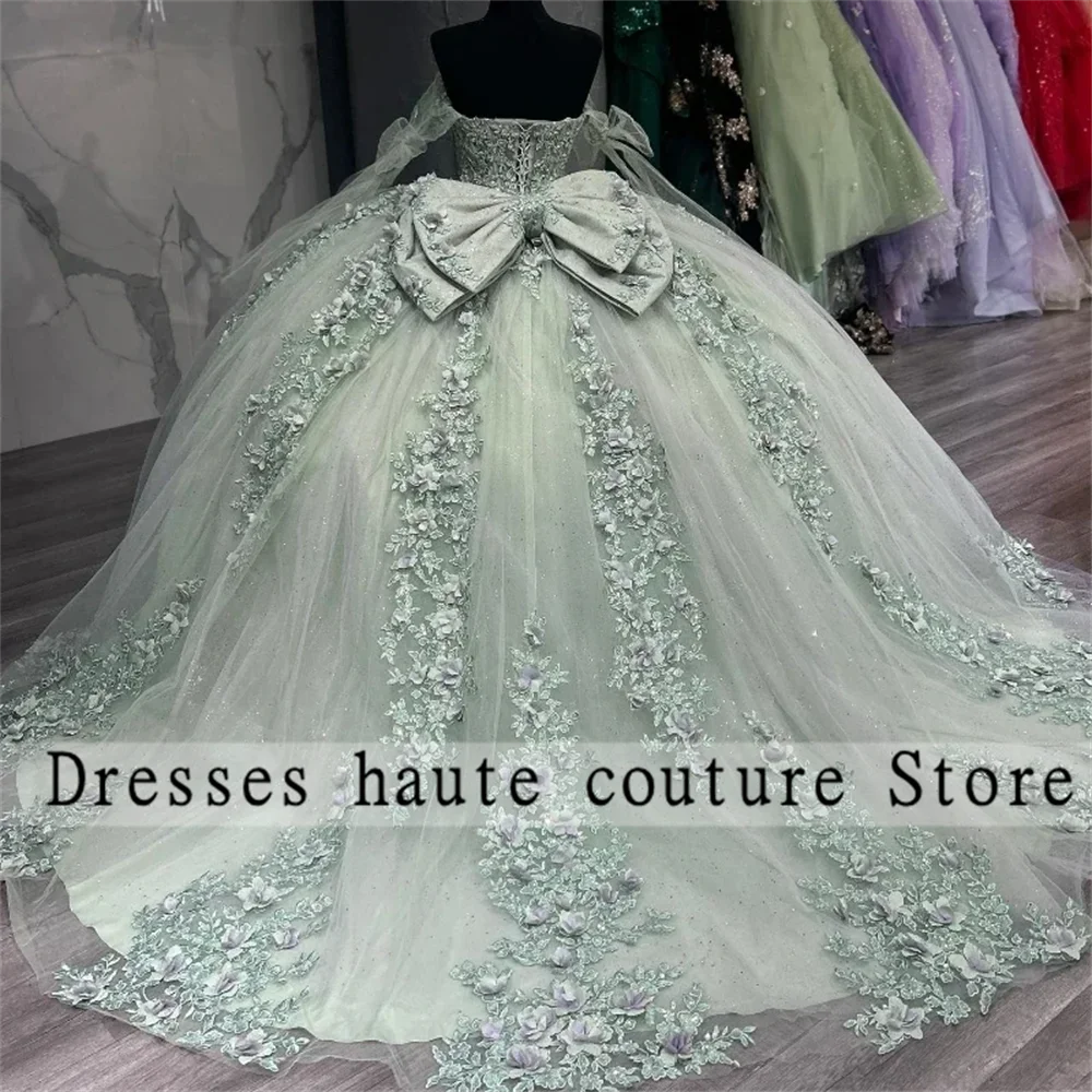 Nova sálvia verde applique laço arco quinceanera vestidos 2025 méxico rendas 3d flor contas doce 16 personalizado vestidos de 15 anos