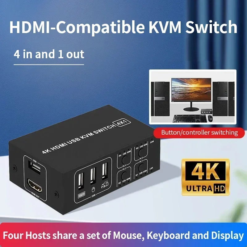 

4x1 HDMI KVM Switch 4 in 1 Out 4K 60Hz Video Converter with Desktop Controller 4 PC Share Monitor Mouse Keyboard Camera Printer