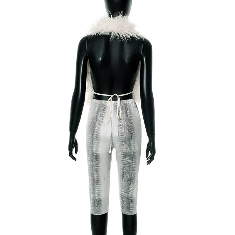 Women Luxury 2 Piece Set Lace Up Halter Backless Faux Fur Vests Crop Top + Serpentine Print Skinny Capris Pants 2025 Autumn Suit