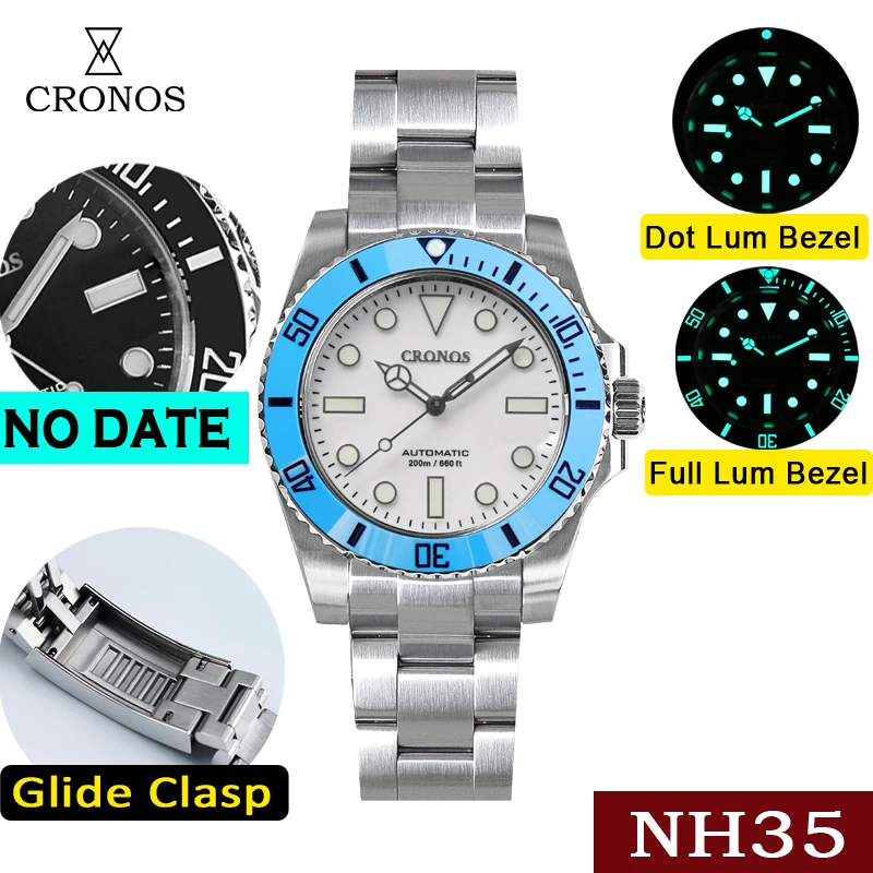 Cronos Diver Men\'s watches Panda Black & White Date NH35 Ceramic Rotating Bezel 200 meters Water Resistant GlideClasp Man Watch