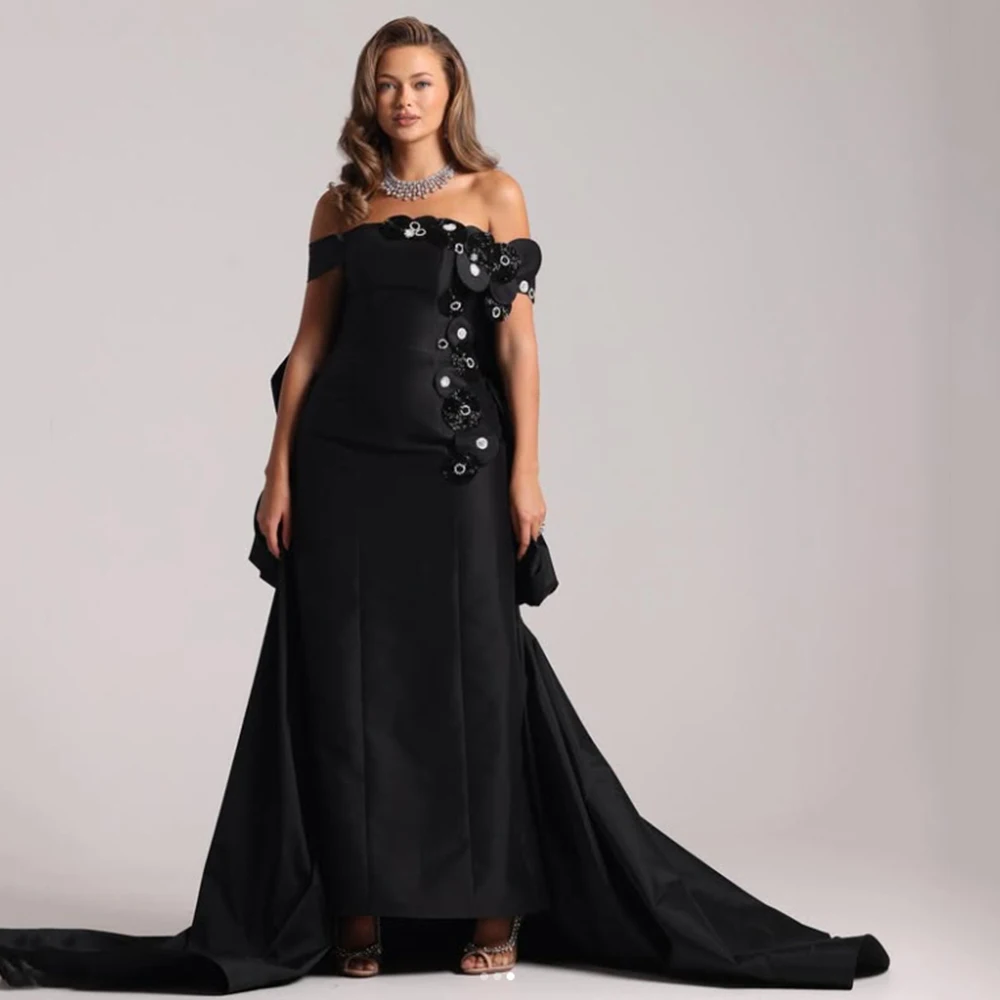 

Customized Simple Black Off Shoulder A-line Satin Appliques Evening Dresses Sleeveless Sweep Train Ankle Length Party Prom Gowns