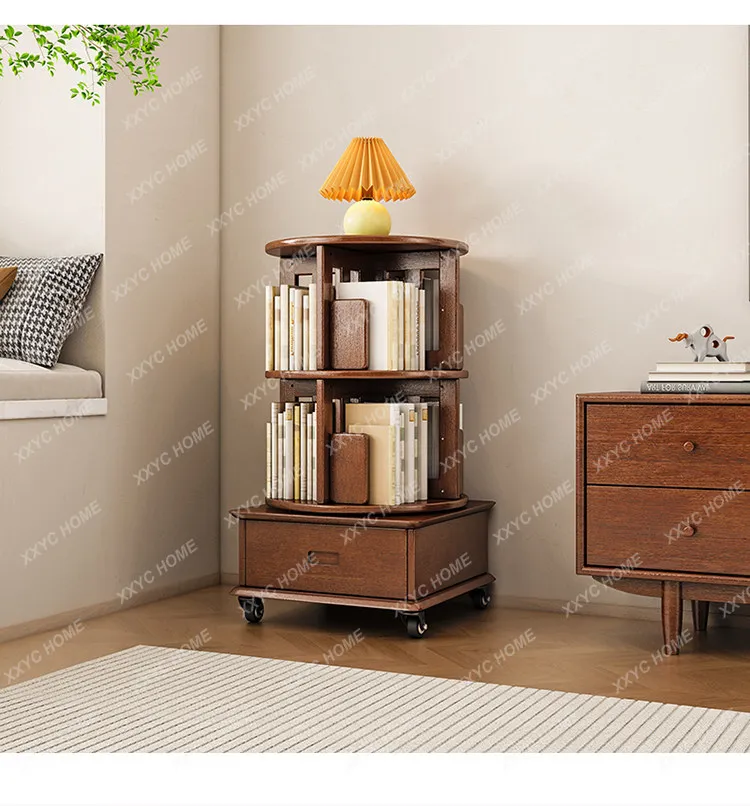 Solid wood bookcase mobile home bedroom modern simple shelf with wheel rotating bookshelf