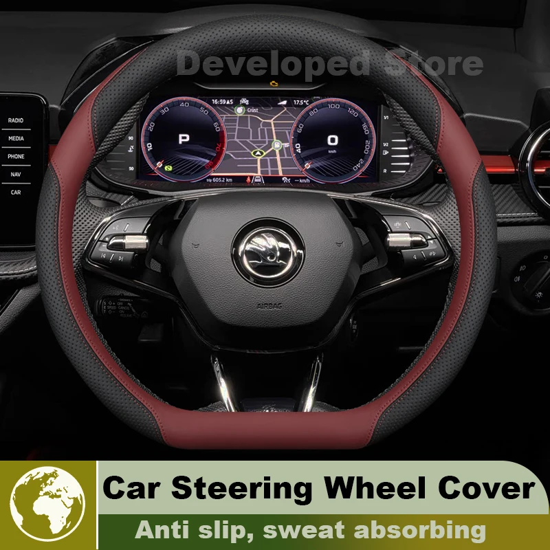 Leather Car Steering Wheel Cover For Skoda Enyaq iv80 2025 2026 Covers For Covers Auto interior Skoda Elroq 2025 Accessories