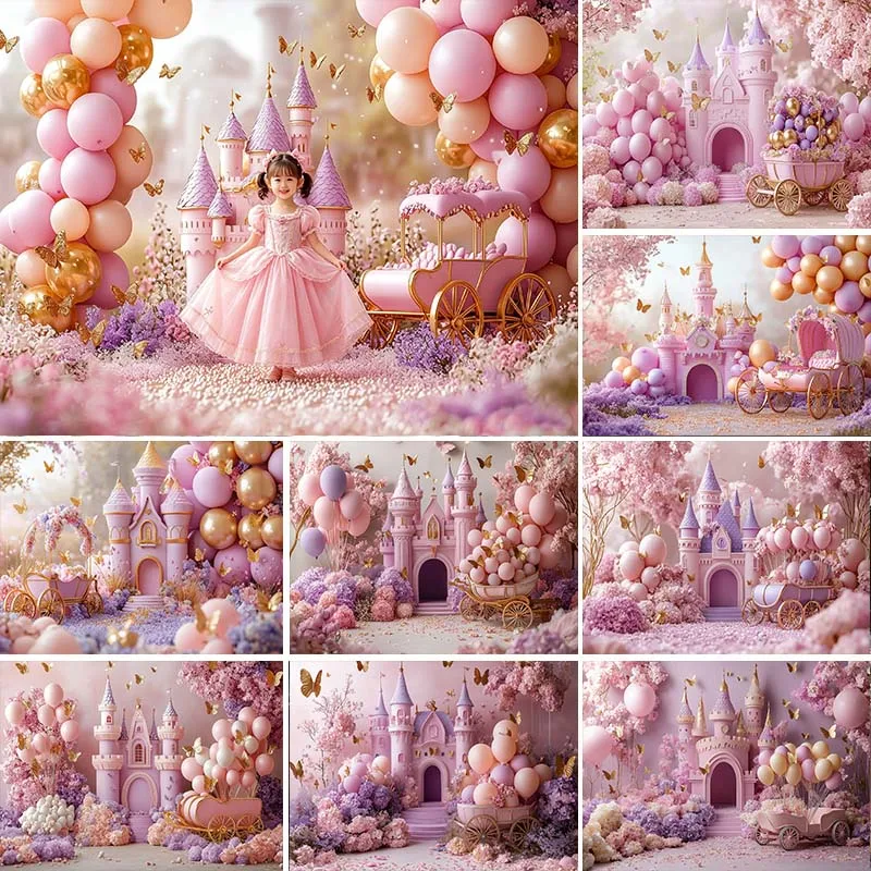 

LS Castle Photography Background Flower Butterfly Balloon Decora Girl Princess Birthday Cake Smash Kids Portrait Photo Backdrop