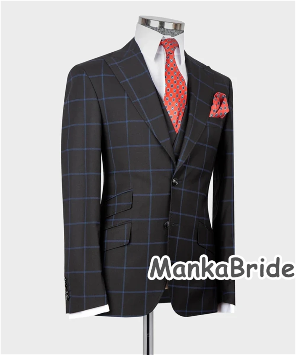 Double Breasted Plaid Black Men's Suit for Wedding  Customized 3pcs Blazer Pants Business Wear Formal Party Elegant Costume