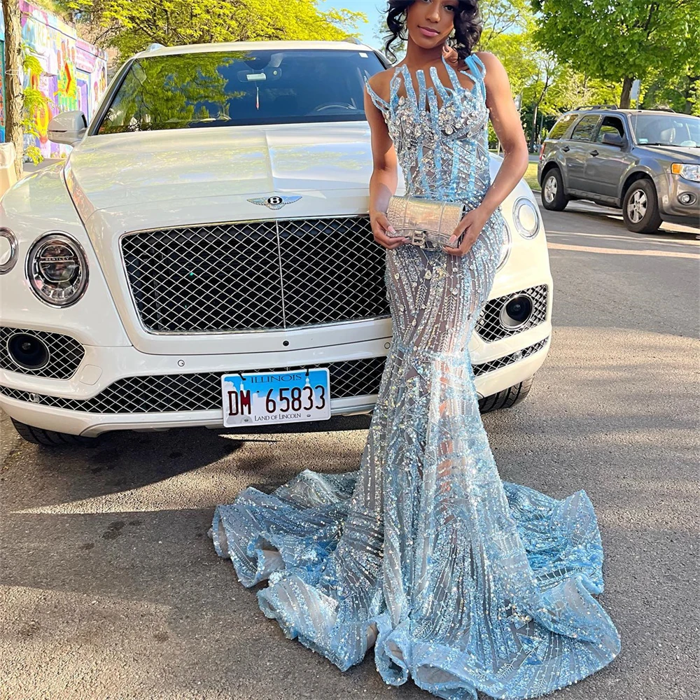 Sexy Beaded Sky Blue Prom Dress Strapless Illusion See Through Evening Gown With Crystals Customized Women Formal Occasion Dress