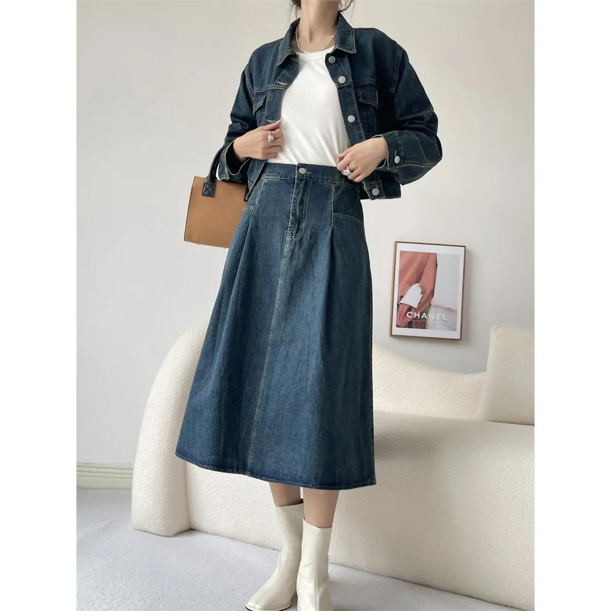 Jupe en jean trempée pour femme, revers décontracté rétro, veste courte à boutonnage simple, jupe trapèze mi-mollet, ensemble assressenti, mode, 2 pièces