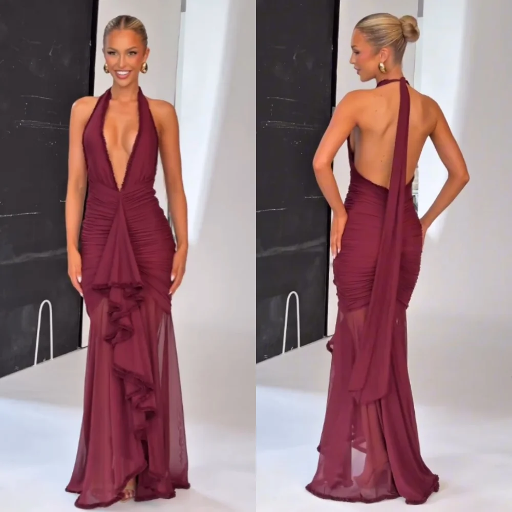 

Customized Chiffon Pleat Ruched Trumpet Halter Long Dresses Bespoke Occasion Cocktail Party Simple Modern Style