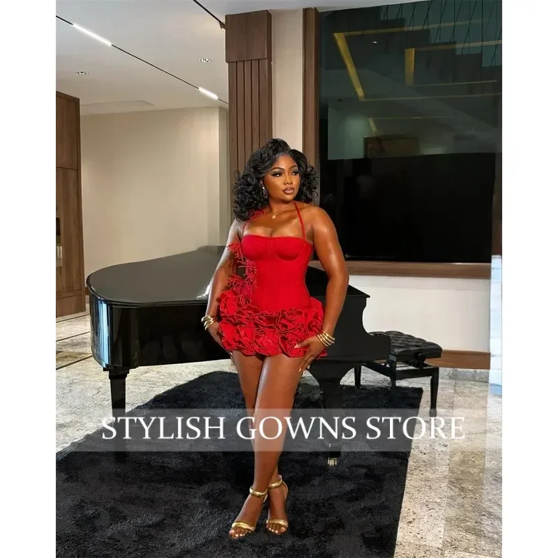 

Red Birthday Dresses Baddie Black Girl Halter Neck Mini Prom Dresses Sweertheart Ruffles Wedding Party Dress Customized