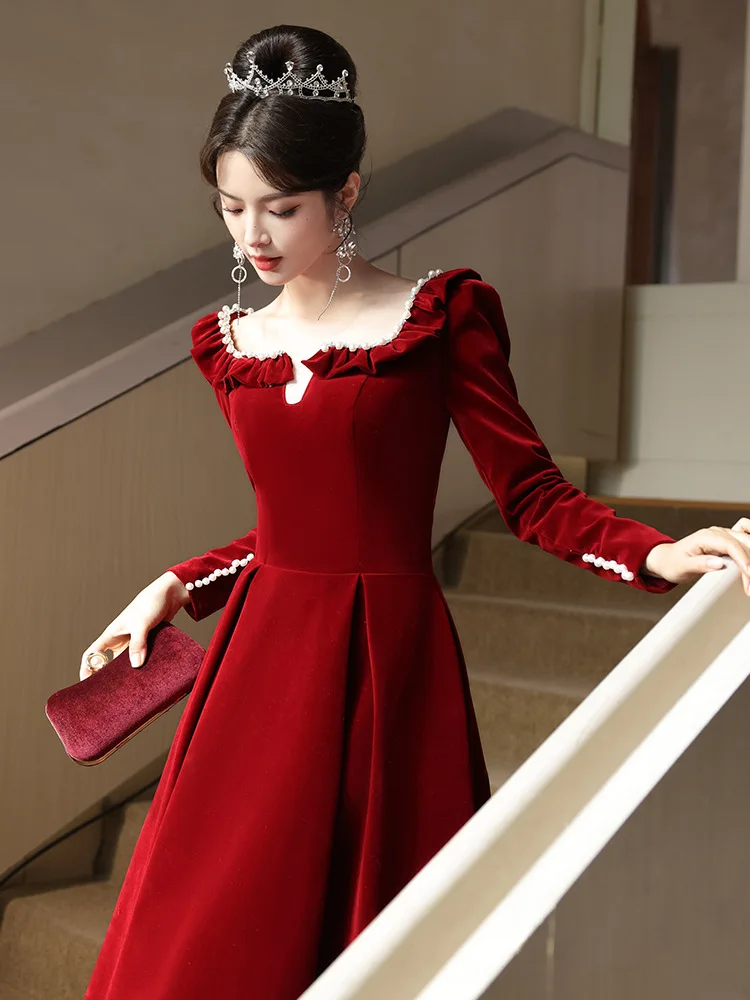 Red Evening Dress  Women In Autumn Winter Bride With  High-end Feel French  Dress  Daily Engagement Evening Wear 2024 New