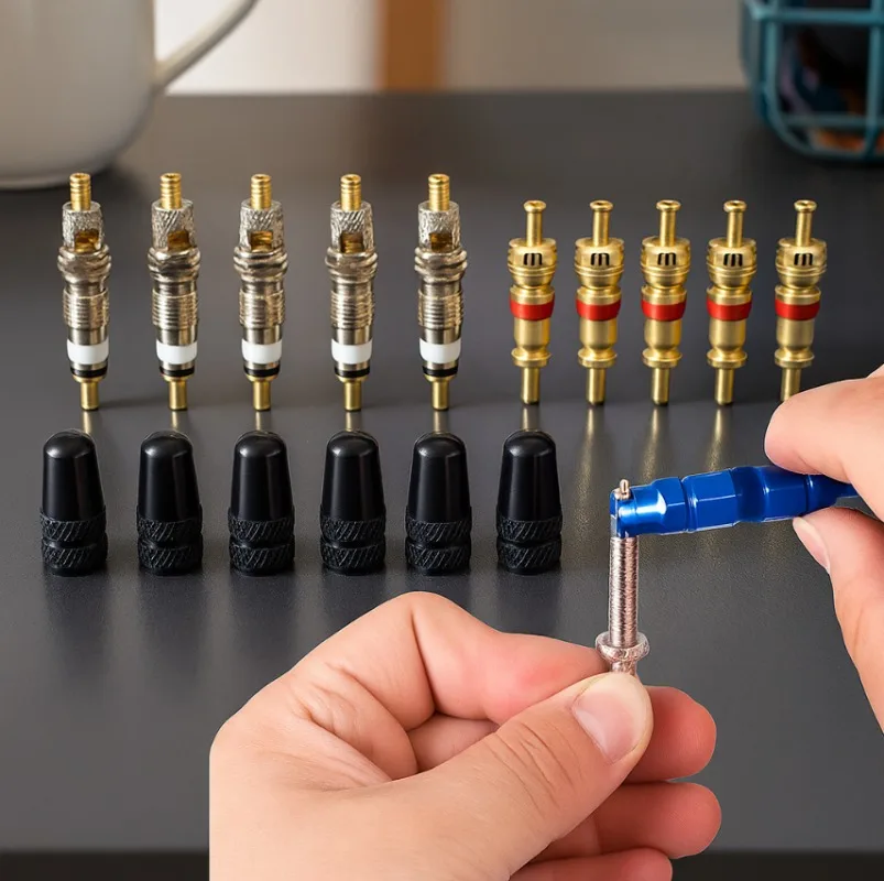 

Набор сердечников клапана Presta, комплект для ремонта бескамерных велосипедных шин, колпачок клапана из алюминиевого сплава, гаечный ключ Presta Schrader, инструмент для обслуживания велосипедов