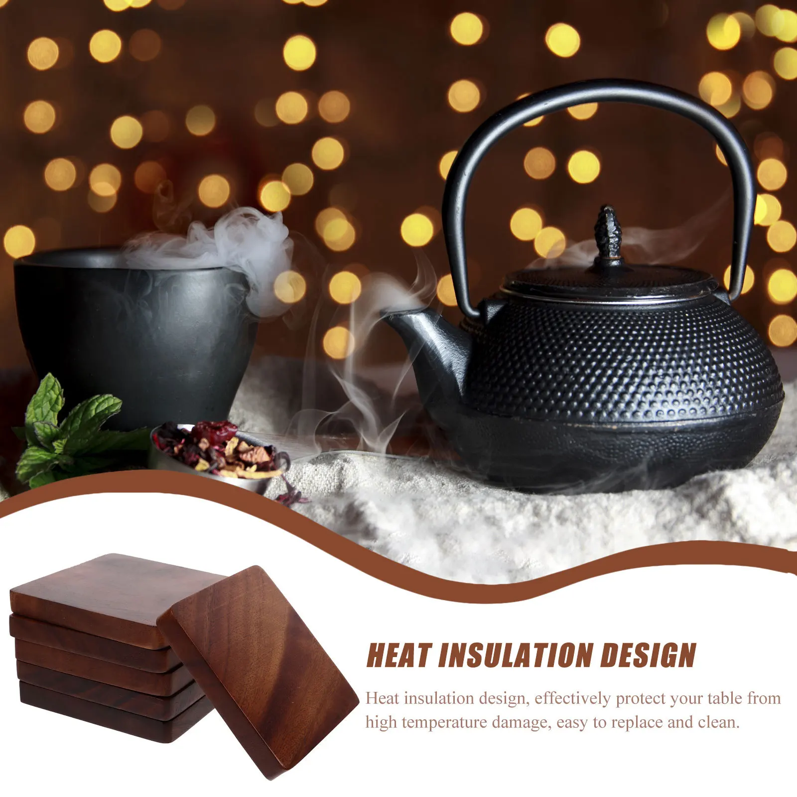 

Набор из 6 деревянных подставок для чашек, квадратные, из натурального дерева, термостойкие, противоскользящие, для защиты стола в доме и офисе