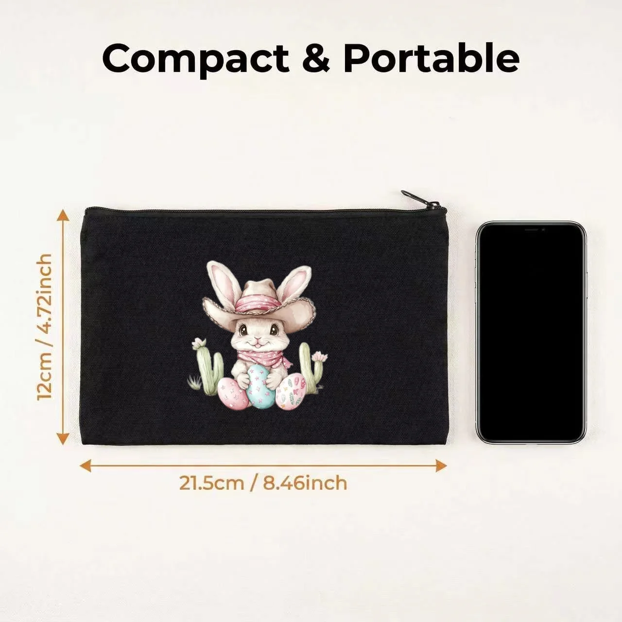1PC Cute Country Rabbit With Cowboy Hat Pastel Easter Egg Print Canvas Makeup Bag Unisex Daily Stationery Wash Organizer Pouch