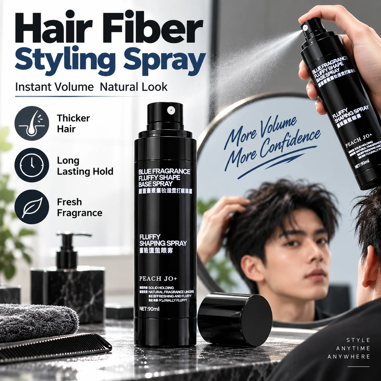Peach Jo+ Blue Fragrance Fluffy Shape Base Spray 90ml Lasting Fixing Thickening Hair Styling Mist Refreshing Sea Salt Spray