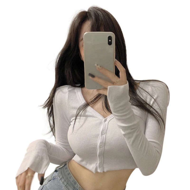 Cardigan Long Sleeve V-neck Slim Korean Top Retro  Single Breasted Short Style