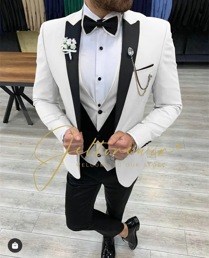 

Fashion White Men Suits For Wedding Peaked Lapel Groom Tuxedos 3 Pcs Male Formal Prom Party Blazer Vest Pants