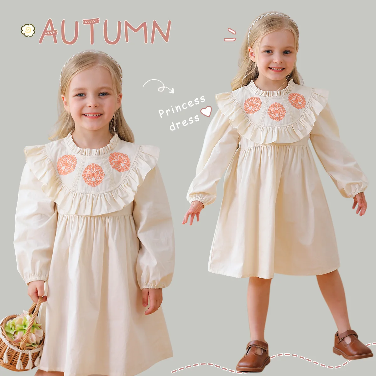 Children's Clothing with Fungus Lace Butterfly Embroidery Girls' Dress Autumn Standing Collar Long Sleeved Sweet Princess Dress