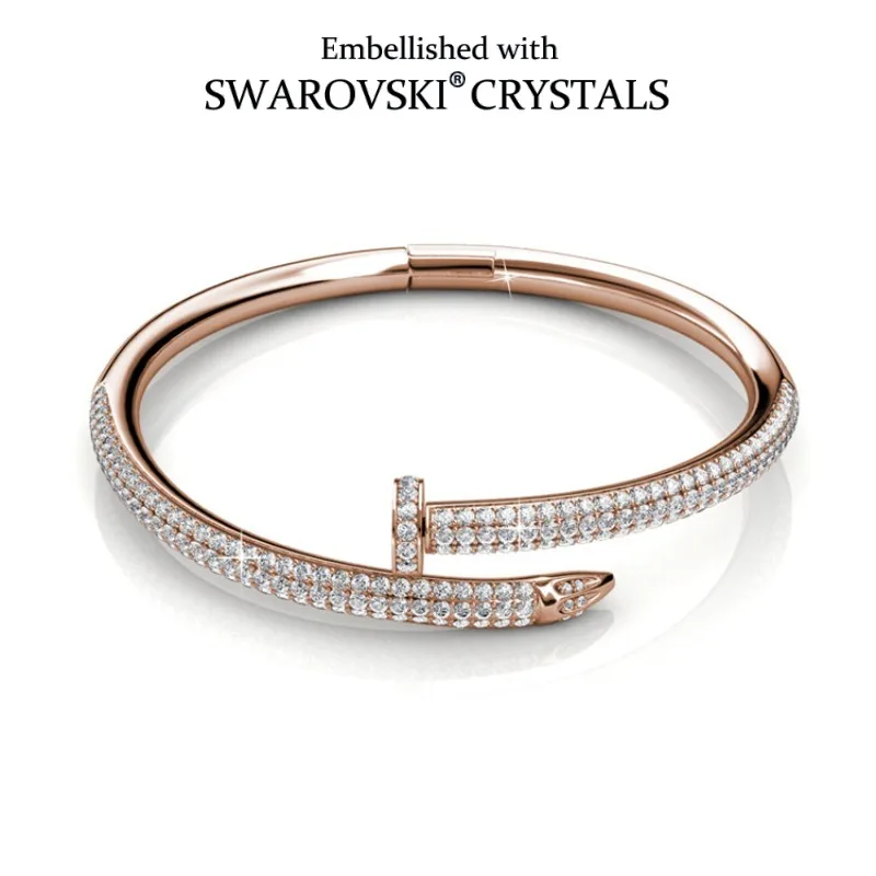 Daisini 18K Gold Plated Swarovski Crystal Nail Bangle, Pave Setting Open Cuff Bracelet Jewelry Gift for Women