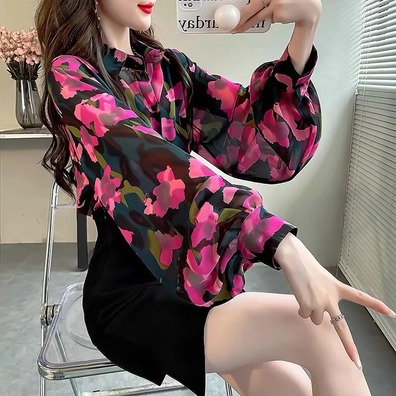 Women Clothing Chic Leopard Printing Shirts Spring Summer Elegant Polo-neck Lantern Sleeve Blouses Casual Loose Chiffon Tops