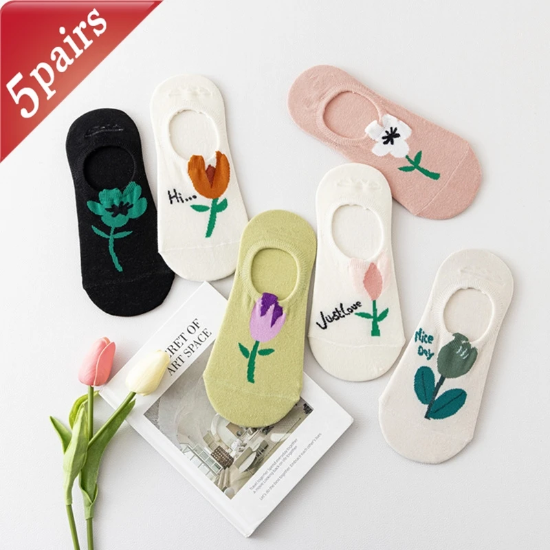 

5 Pairs Women's Socks Set Japanese Tulip Thin Simple Fashion Versatile Cotton Socks Anti Slip Shallow Mouth Ankle Socks For Girl