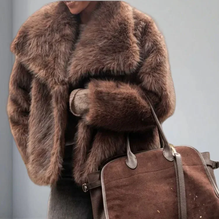 Retro Long Sleeved Fur Jacket for Women Solid Color Lapel Faux Fur Cardigan Tops Fashion Ccasual Thickened Warm Overcoat