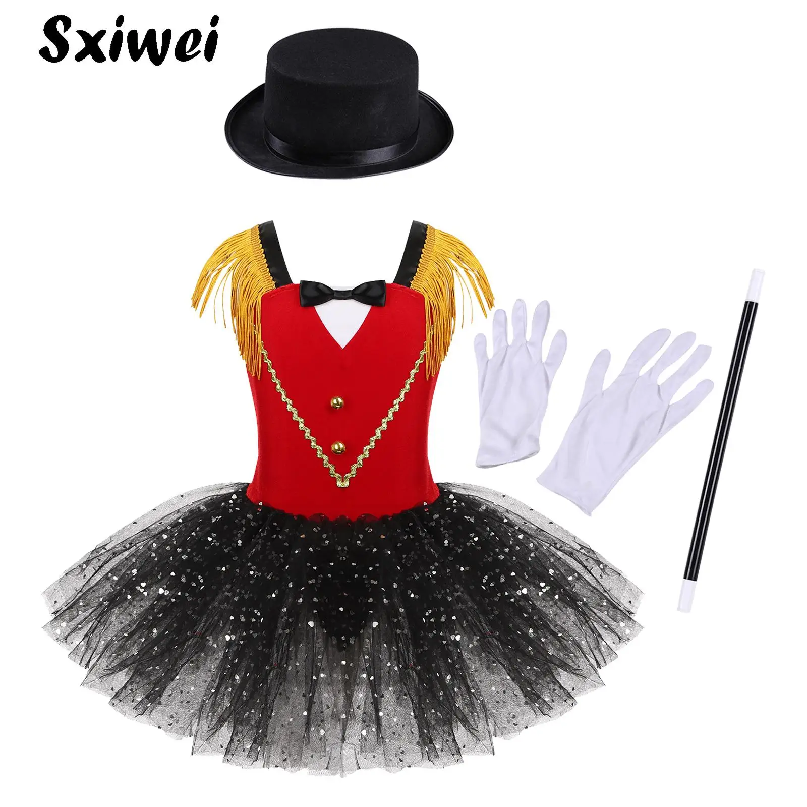 Kids Girls Sequins Tassel Ballet Leotard Skirted Circus Ringmaster Costume Halloween Lion Tamer Clown Witch Circus Tutu Dress