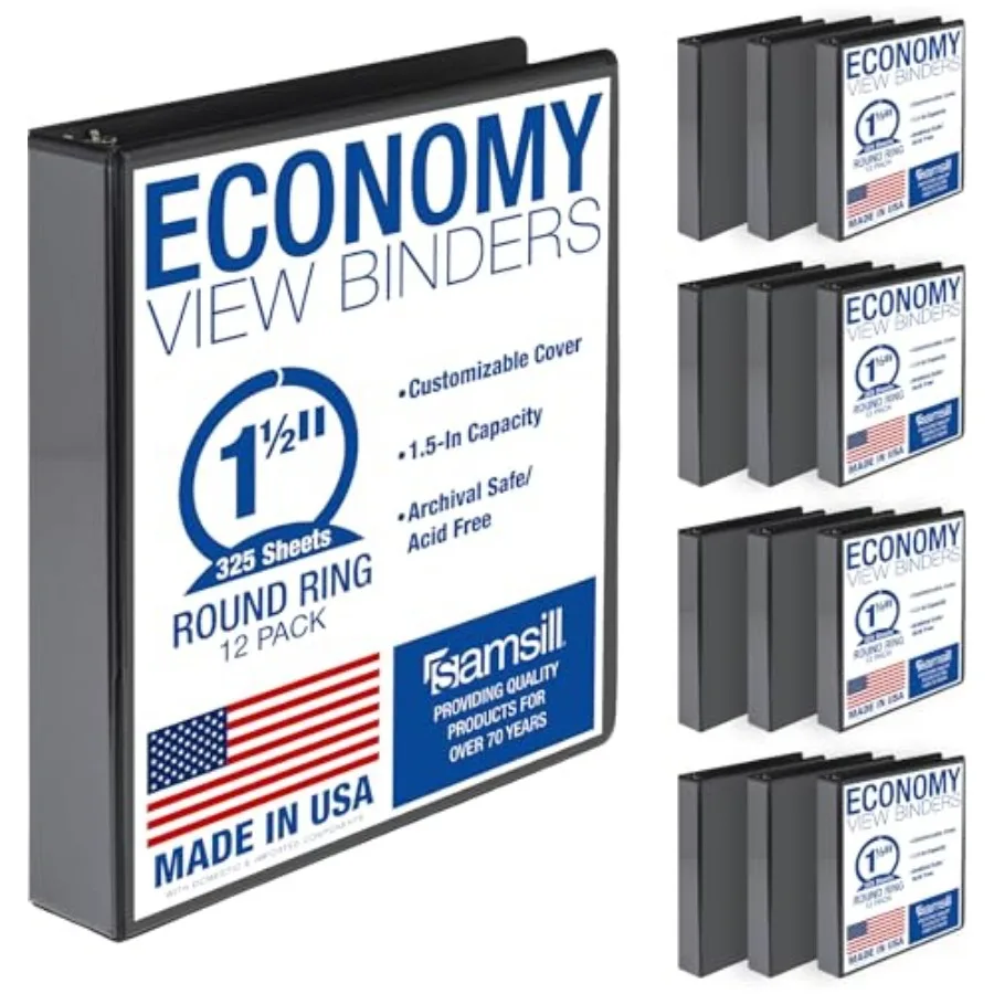 

5 Ring Binders, Economy Round Rg, Clear View Cover, 5 Sheet Capacity - for School, Home, Office - Black, Pack