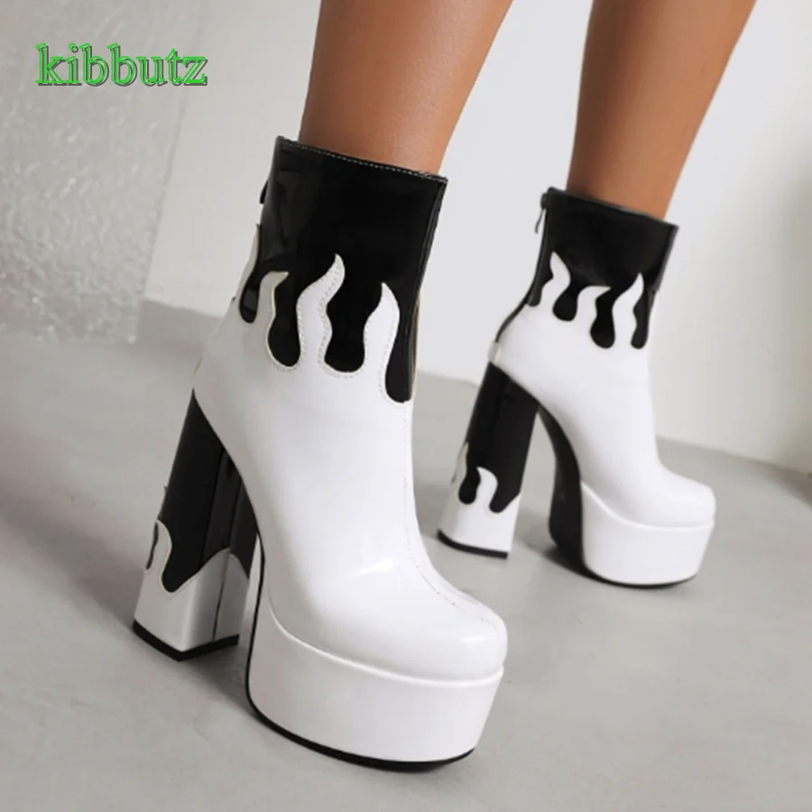 

Zip Color Block Leather Short Boots,Thick Sole Round Toe High Heel Boots Thick Heel Women Shoes 2023 New Zapatos Para Mujere