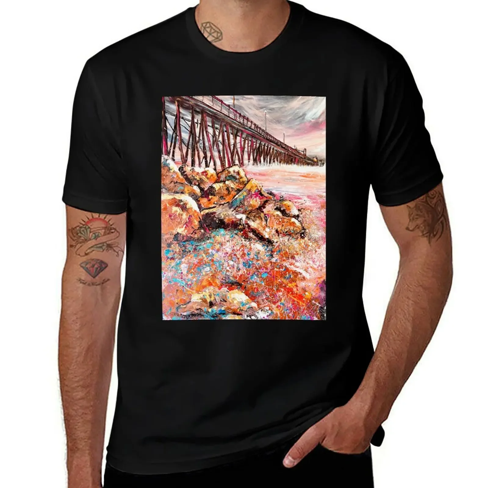 Oceanside Pier on a winter evening - art by Francesca T-Shirt quick drying fitted t shirts for men