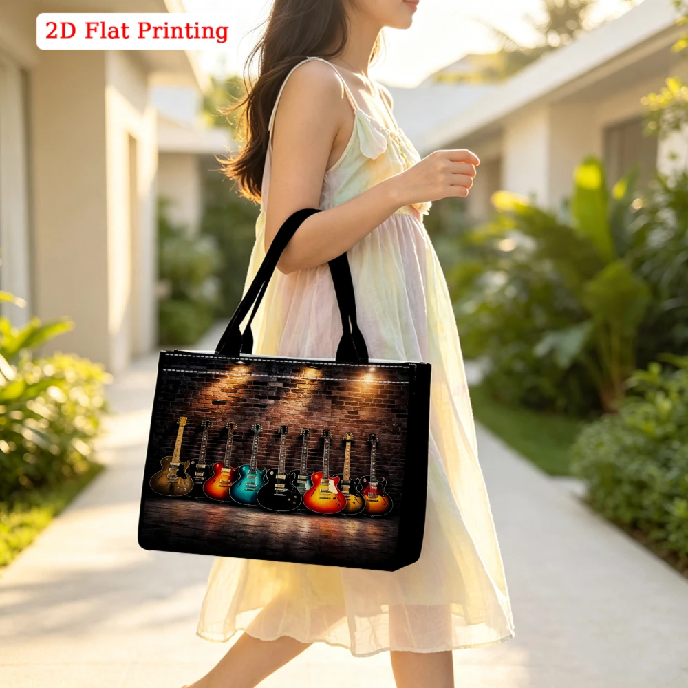 Vintage Rock Electric Guitar Collection Print Large Tote Bag, Industrial Brick Wall Stage Style, Handbag for Music Lovers
