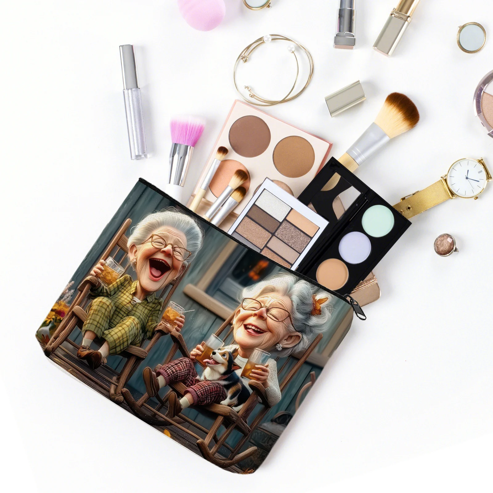 1 حقيبة أدوات الزينة المطبوعة من Best Friends Grandma حقيبة مكياج كاجوال بسحاب منظم مستحضرات التجميل المدمج للمراهقين ملحقات محفظة الهاتف