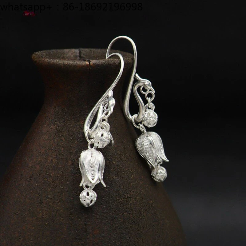 Filigree 999 Sterling Silver Phoenix Play Bead Earrings Foot Silver Lily of The Valley Fringed Earrings