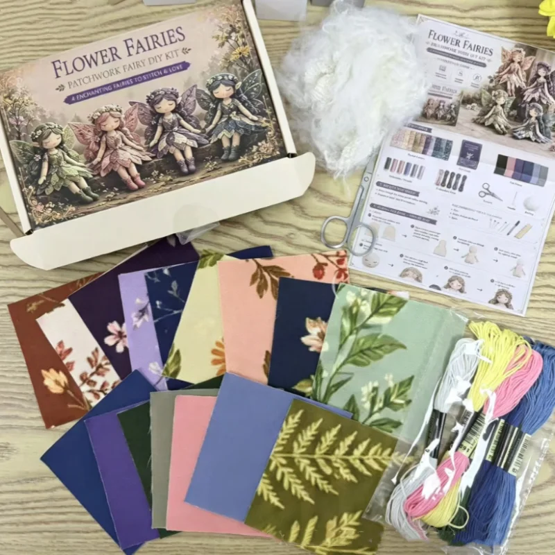Kit de couture patchwork féerique 4 pièces, ensemble d'artisanat DIY, tissus prédécoupés, matériaux variés pour la décoration artisanale de la maison, cadeau unique, décoration de bureau amusante