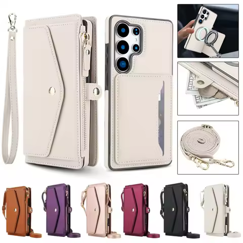 Crossbody Lanyard Multi Functional Wallet Split Leather Case for Samsung Galaxy S25 Edge S24 Ultra S23 FE S22 Plus S21 S20 Cover
