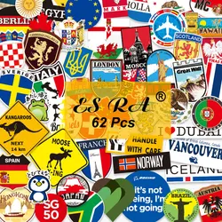 Stickers Waterproof PVC Skateboard Stickers National Flag Countries 62 Pcs/Set Fridge Laptop Luggage Journal Decorate for Kids