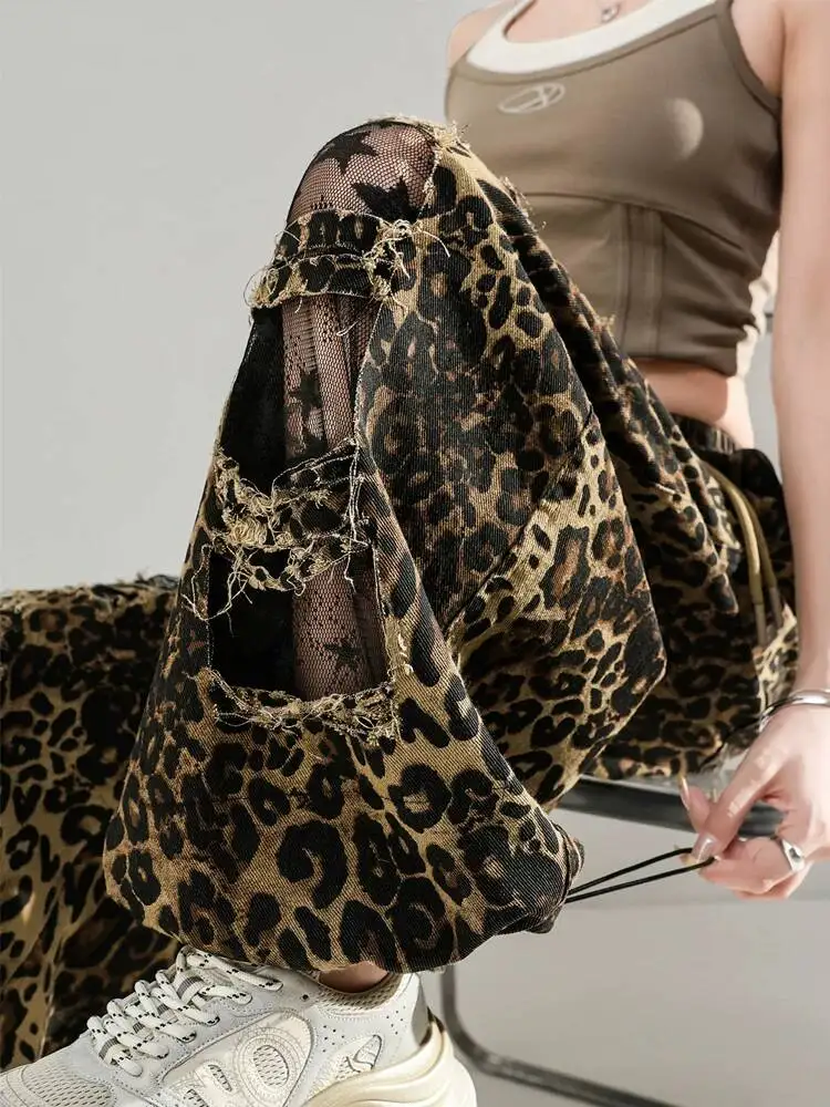Women Jeans 2026 New Summer Maillard Leopard Print Hollow Out Wide Leg Pants For Women High Waist Draping Splice Denim Pants
