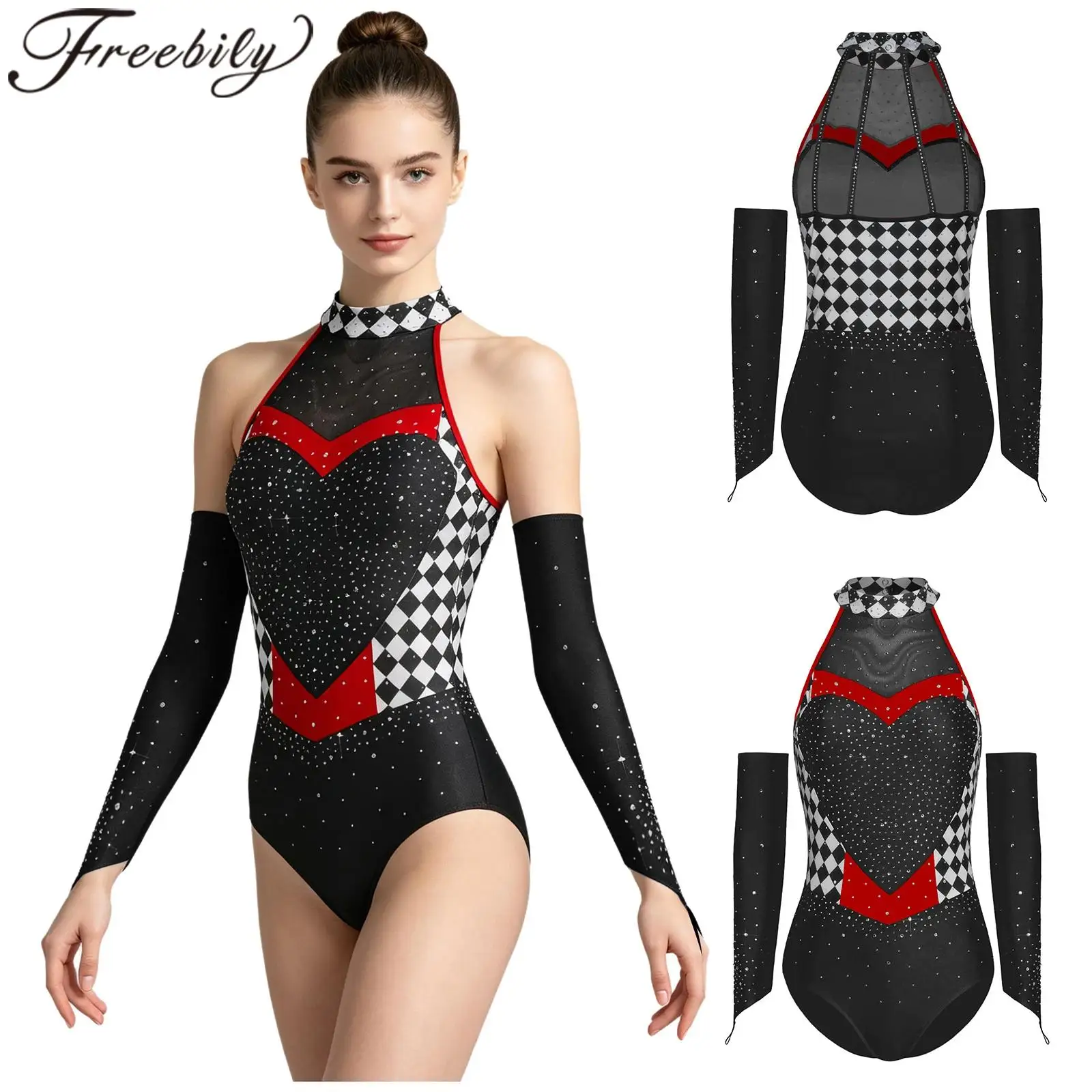 Checkerboard Women Ballet Dance Leotard Jumpsuit Color Blocking Clown Queen Circus Outfit Halter Bodysuit for Halloween Party