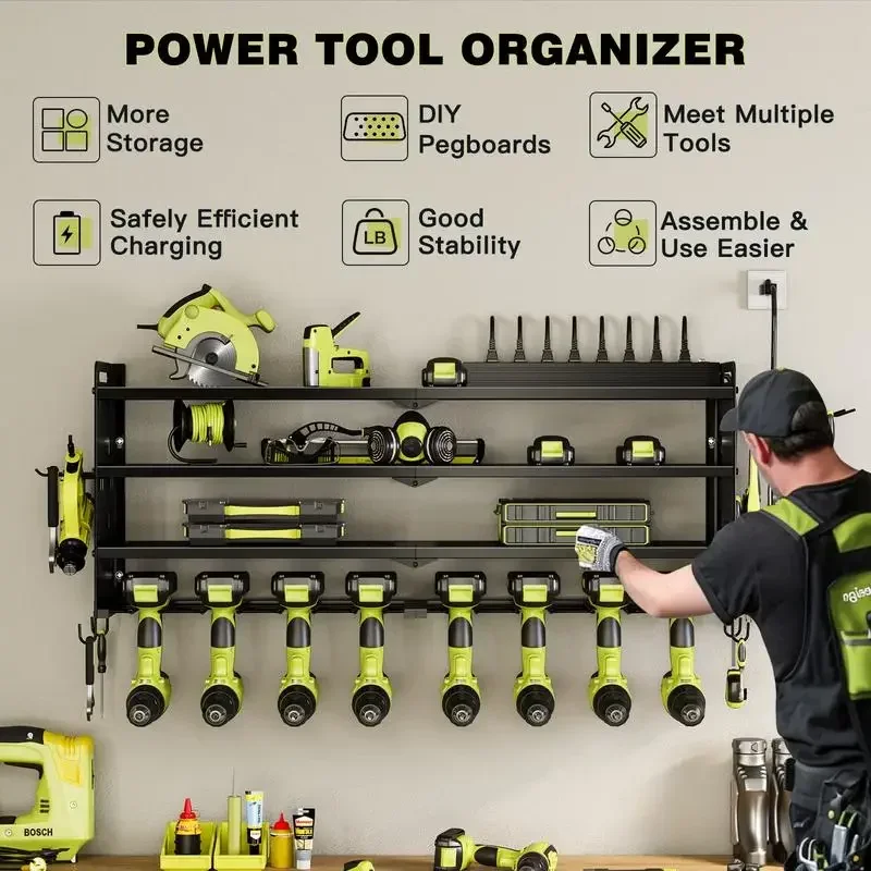 Hausneed Power Tool Organizer with 8 Charging Station, Cordless Drill Organizer,8 Drill Holder,4 Layers Large Capacity