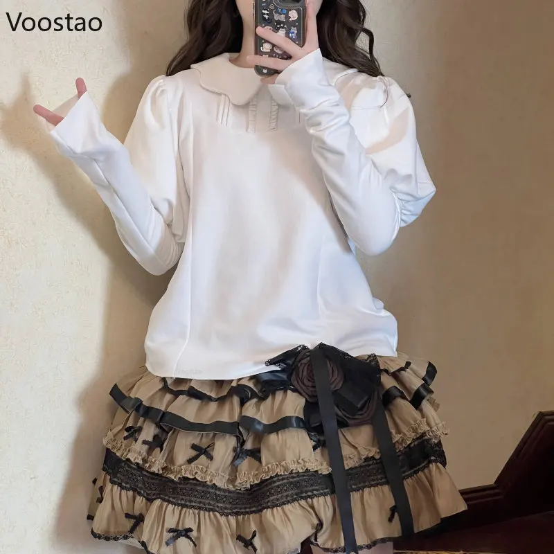 Sweet Lolita Style Cute Shirts Women Vintage Kawaii Puff Sleeve Blouses Peter Pan Collar Girls Gothic Inside Tops Blusas Mujer