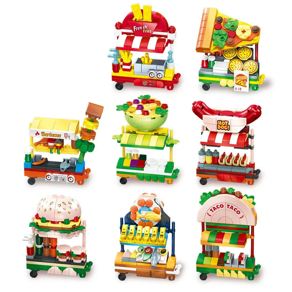 City Mobile Snack Shop Block Diy  Taco Barbeque French Fries Burger Pizza Hot Dog Stall Building Brick Toy For Kids