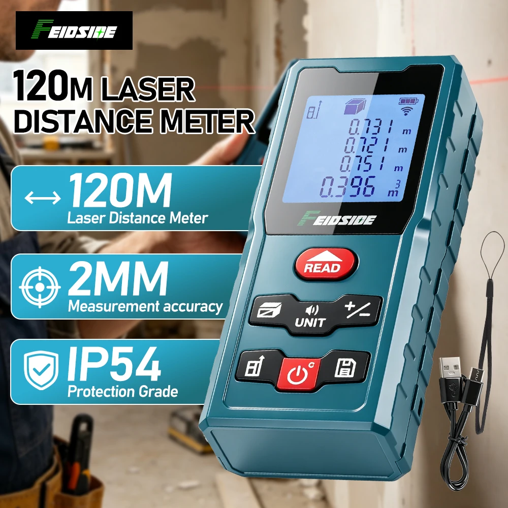 FEIDSIDE 120M Laser-Entfernungsmesser Typ-C Wiederaufladbar Hochpräzise HD-Hintergrundbeleuchtung LCD Mehrere Messmodi Messwerkzeug